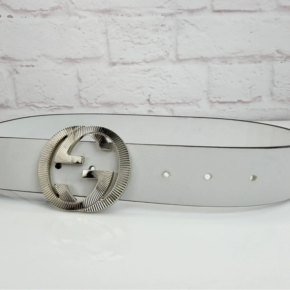 Gucci Etched Gg Buckle White Wide Leather Belt Marmont 232849 80/32 - Picture 3 of 10